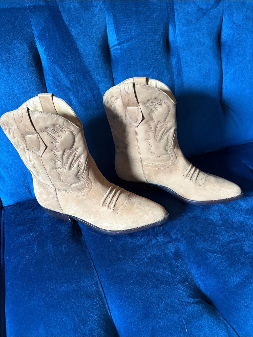 Women's Tan Suede Western Mid-Calf Heeled Boots
